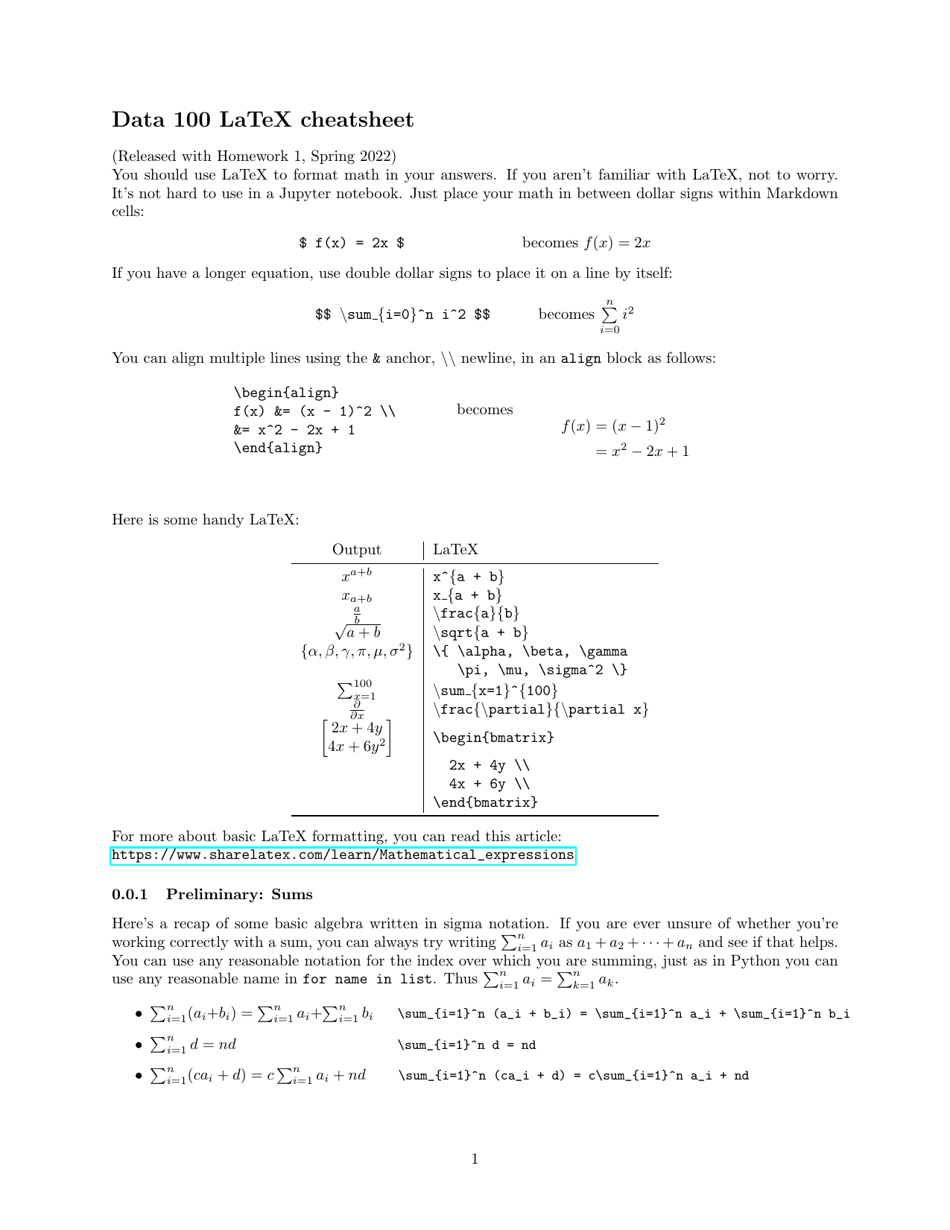 Latex Cheat Sheet - Data 100 Document