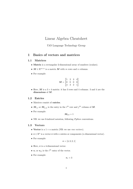 Linear Algebra Cheatsheet - Uio Language Technology Group