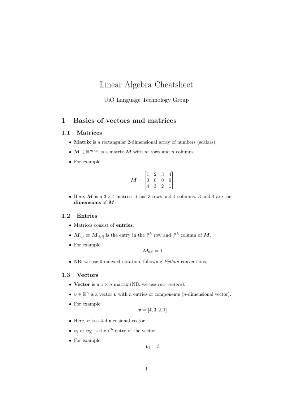 Linear Algebra Cheatsheet - Uio Language Technology Group