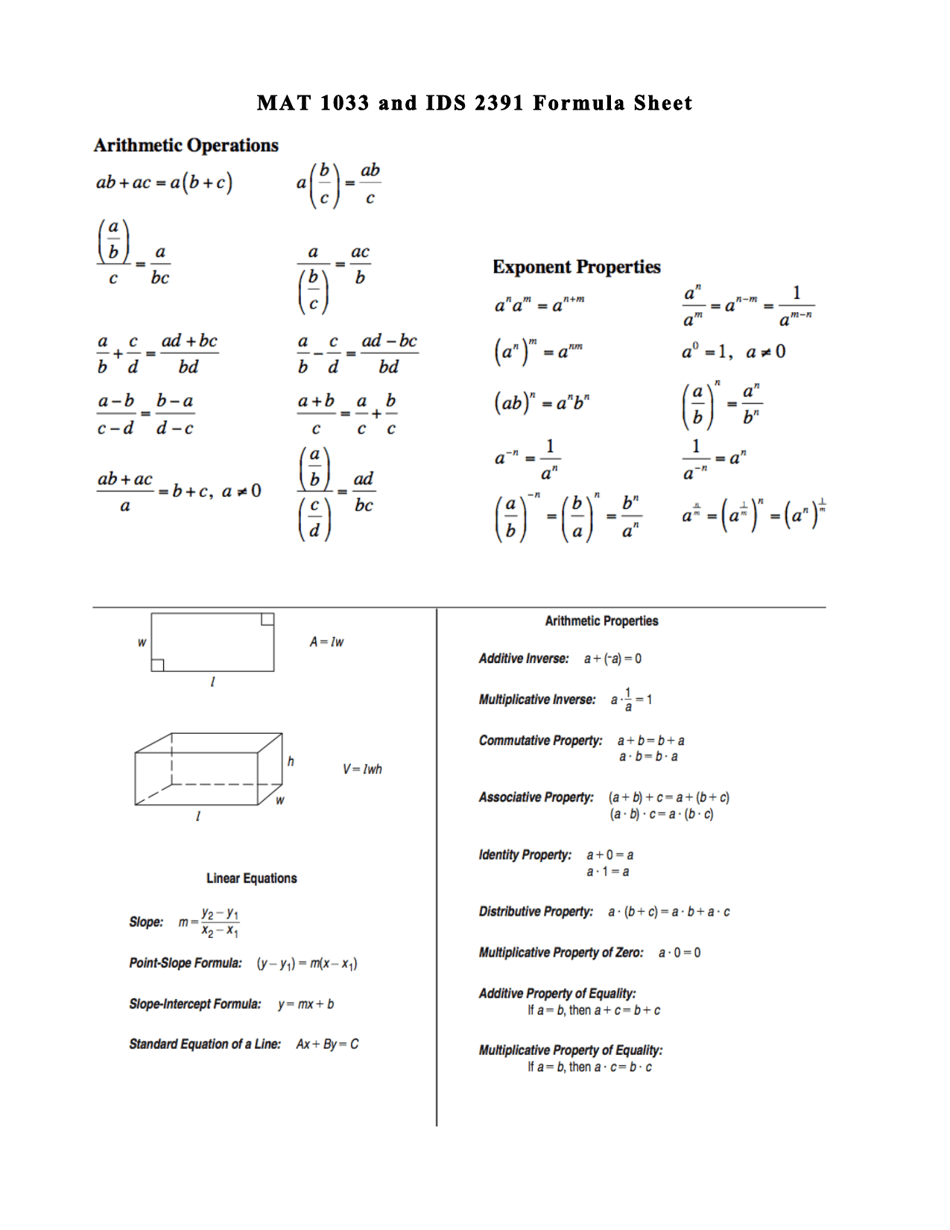 Mat 1033 and Ids 2391 Formula Sheet Download Printable PDF | Templateroller