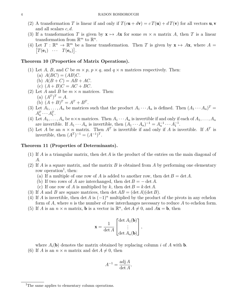Linear Algebra Summary Cheat Sheet Download Printable PDF | Templateroller