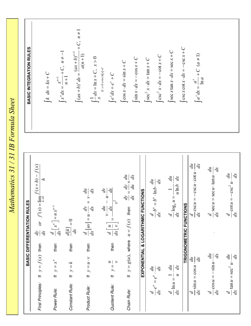 Mathematics 31/31 Ib Formula Sheet