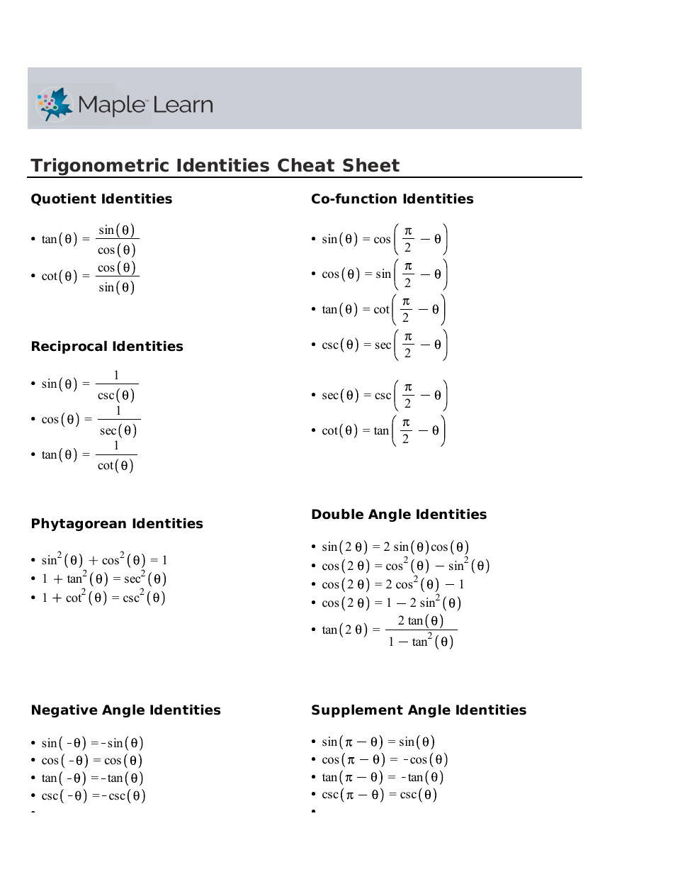Trigonometric Identities Cheat Sheet - Maple Learn
