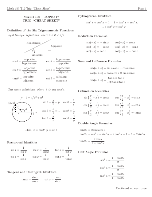 Trigonometry Cheat Sheet Preview Image