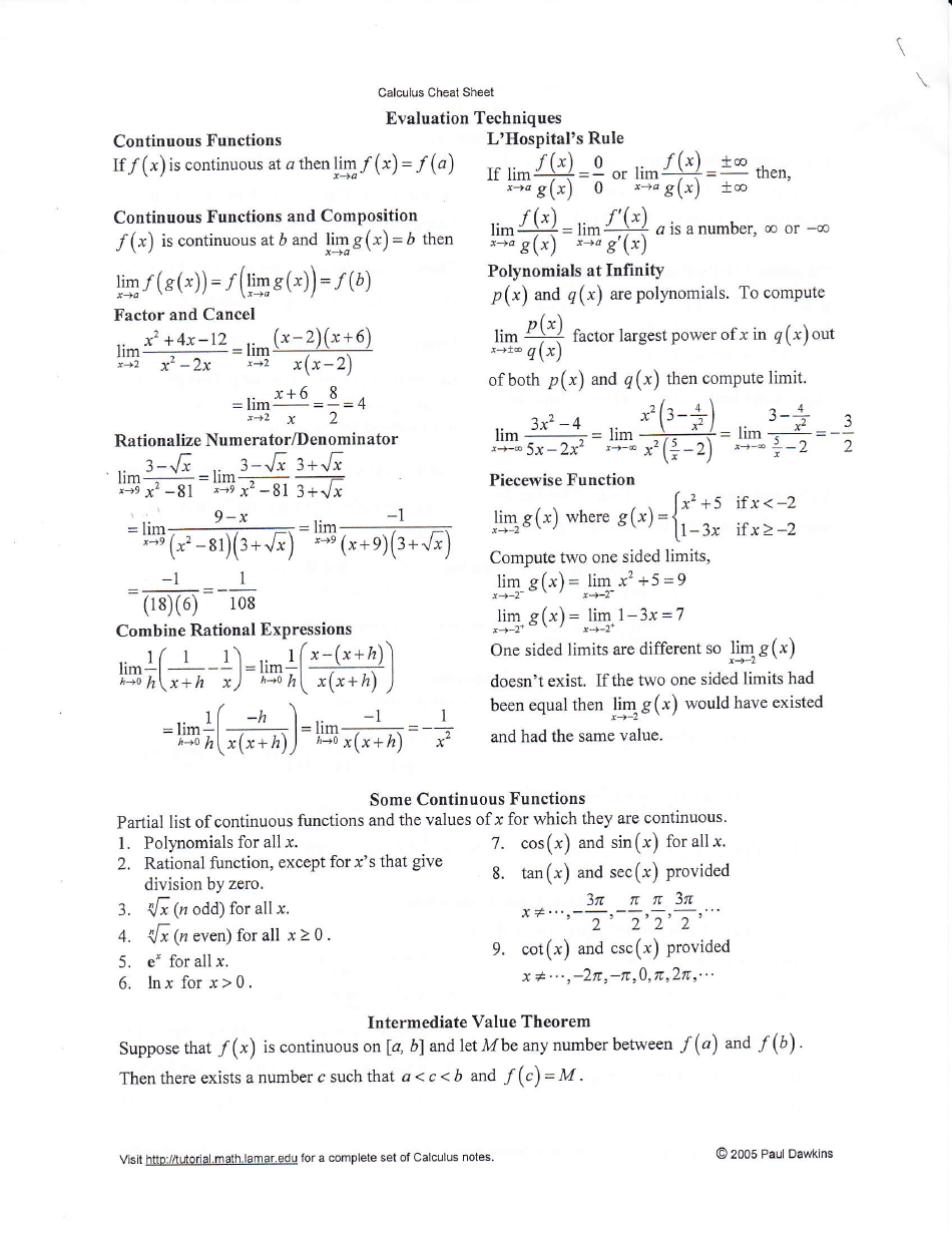 Calculus Cheat Sheet Derivatives Download Printable Pdf Templateroller 4308