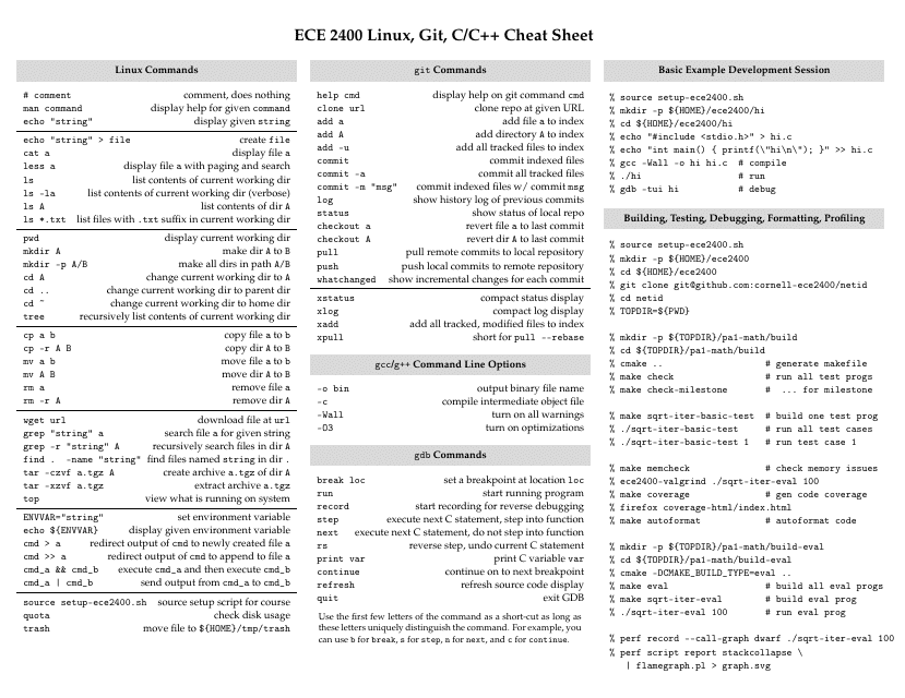 Linux, Git, C/C++ Cheat Sheet - Quick Reference Guide with Commands and Syntax