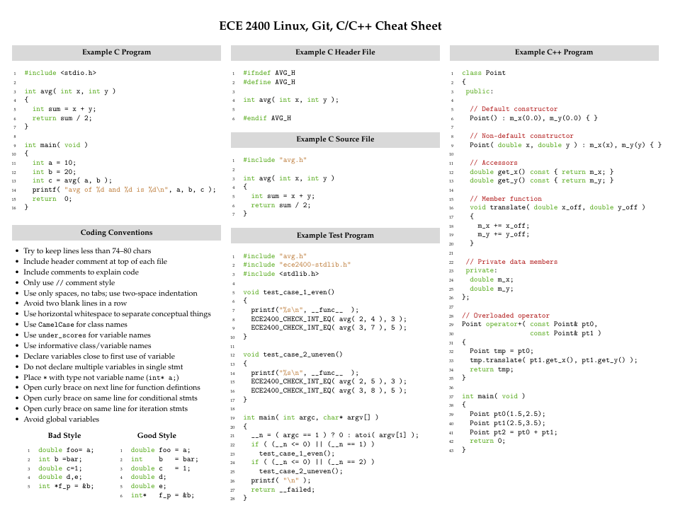 Linux, Git, C/C++ Cheat Sheet Download Printable PDF | Templateroller