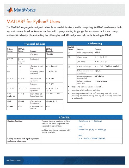 Matlab Cheat Sheet for Python Users - TemplateRoller.com Document Preview