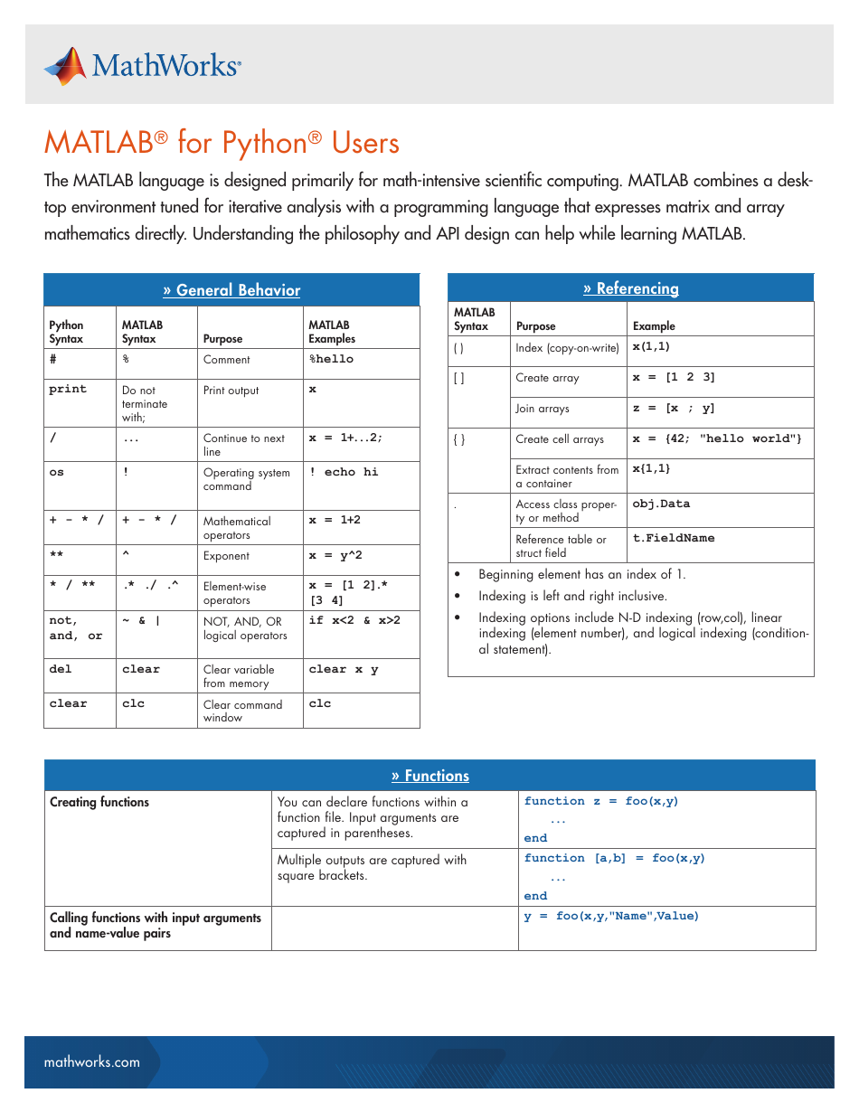 Matlab Cheat Sheet for Python Users - TemplateRoller.com Document Preview