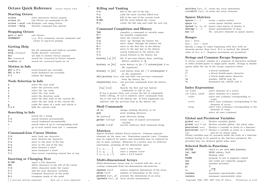 Octave Quick Reference Sheet