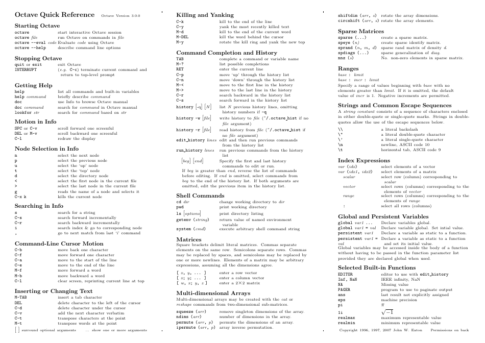 Octave Quick Reference Sheet Download Printable PDF | Templateroller