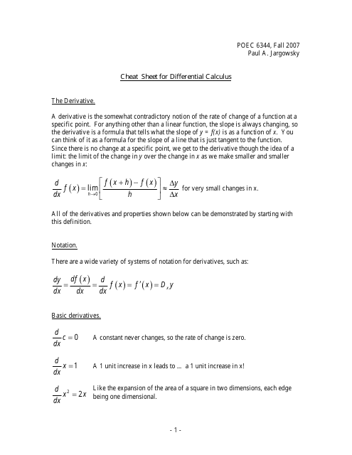 Differential Calculus Cheat Sheet - Paul a. Jargowsky