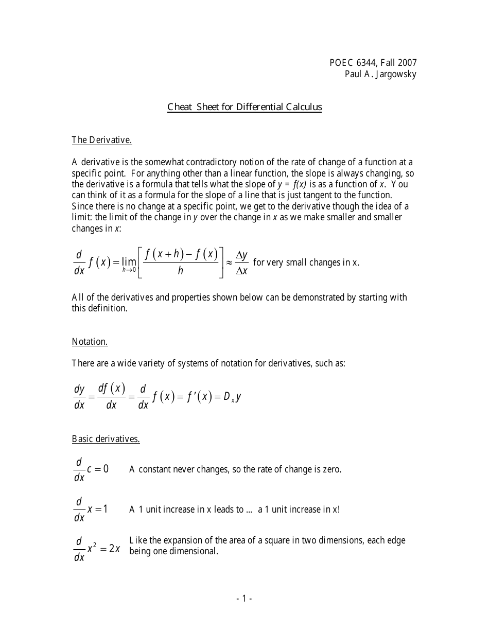Differential Calculus Cheat Sheet by Paul A. Jargowsky - TemplateRoller.com