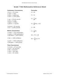 Document preview: Grade 7 FSA Mathematics Reference Sheet