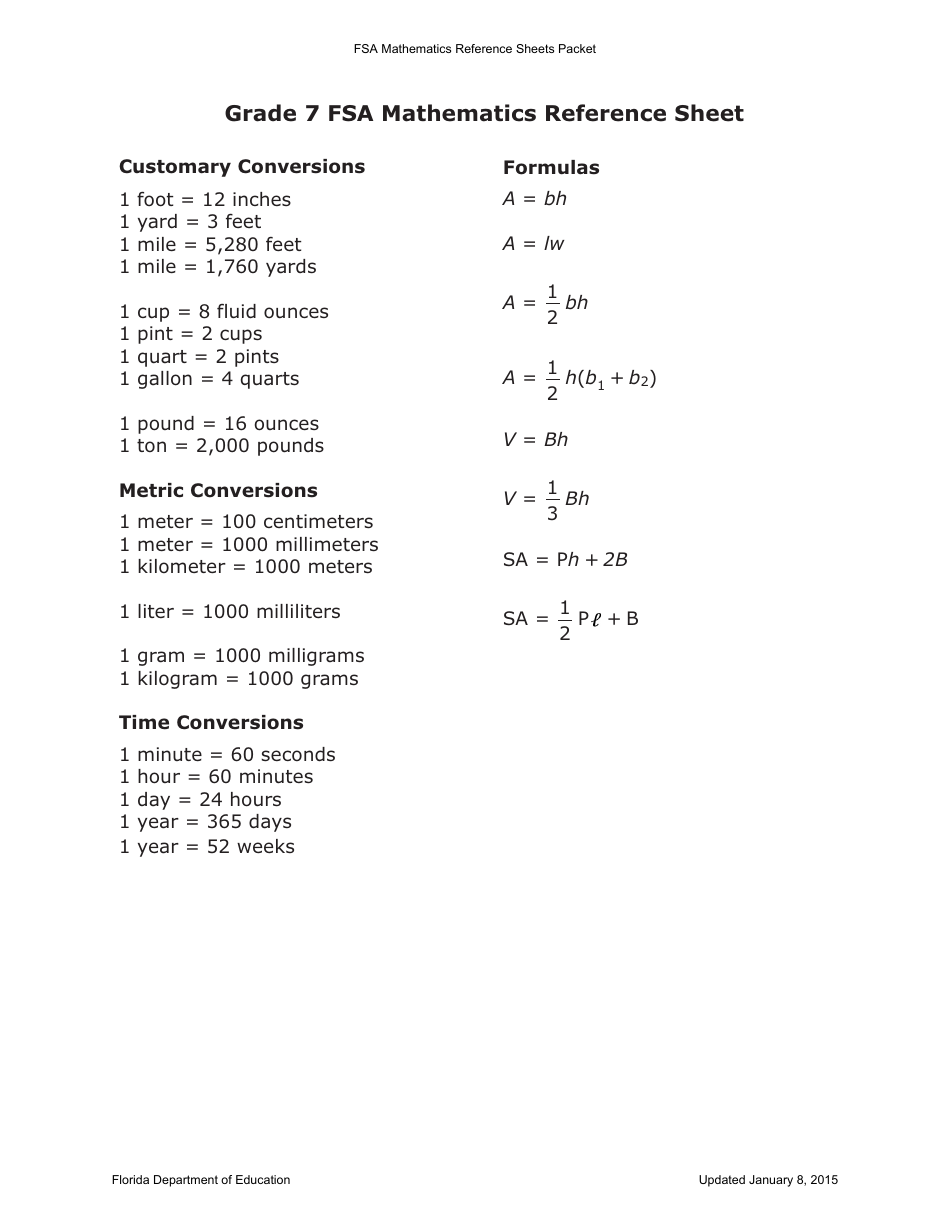 Grade 7 FSA Mathematics Reference Sheet Image Preview
