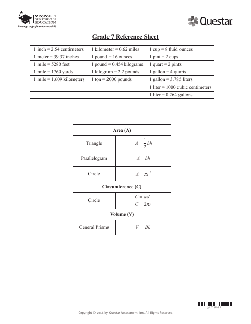 Grade 7 Math Reference Sheet Preview