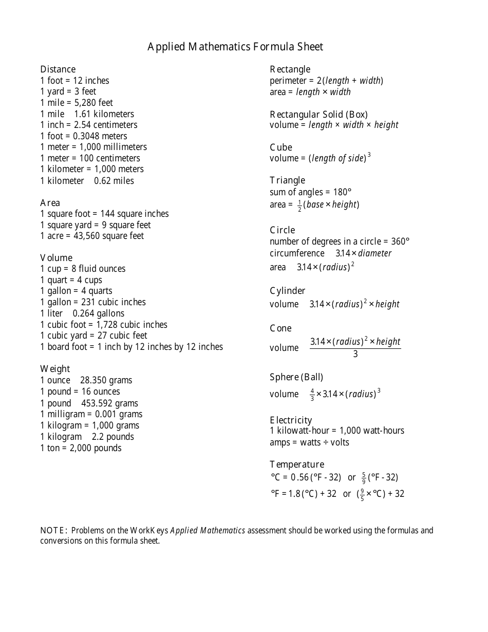 Applied Mathematics Formula Sheet Download Printable Pdf Templateroller 3896