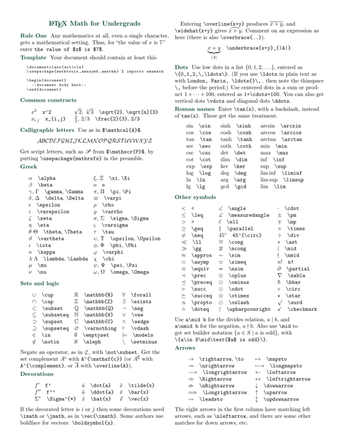 Latex Math for Undergrads Cheat Sheet Preview