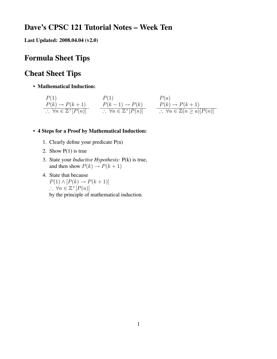 Cpsc 121 Cheat Sheet - Week Ten, Mathematical Induction Download ...