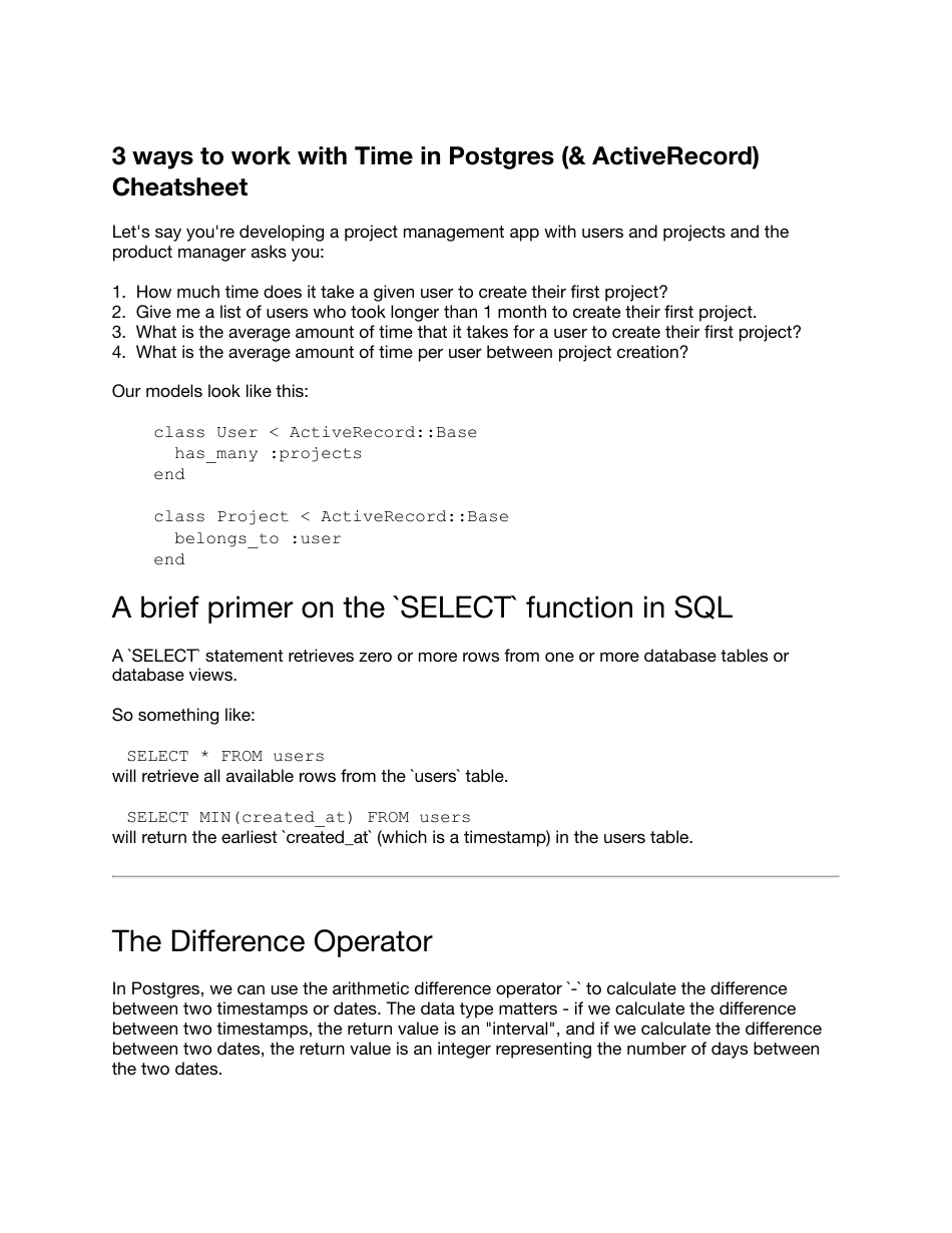 Postgresql Cheat Sheet - Working With Time Preview Image