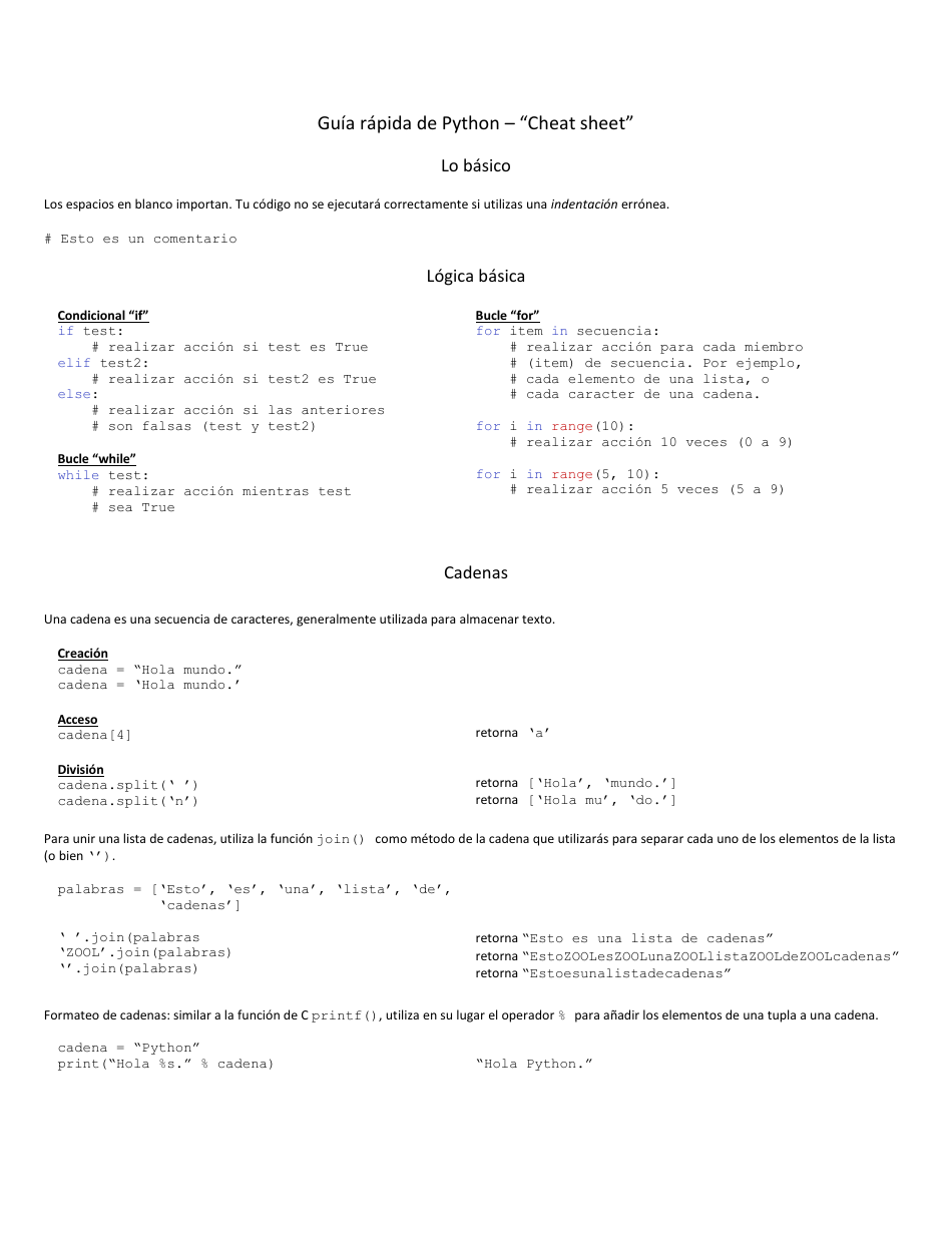 Spanish Python cheat sheet showing quick reference and useful programming examples.