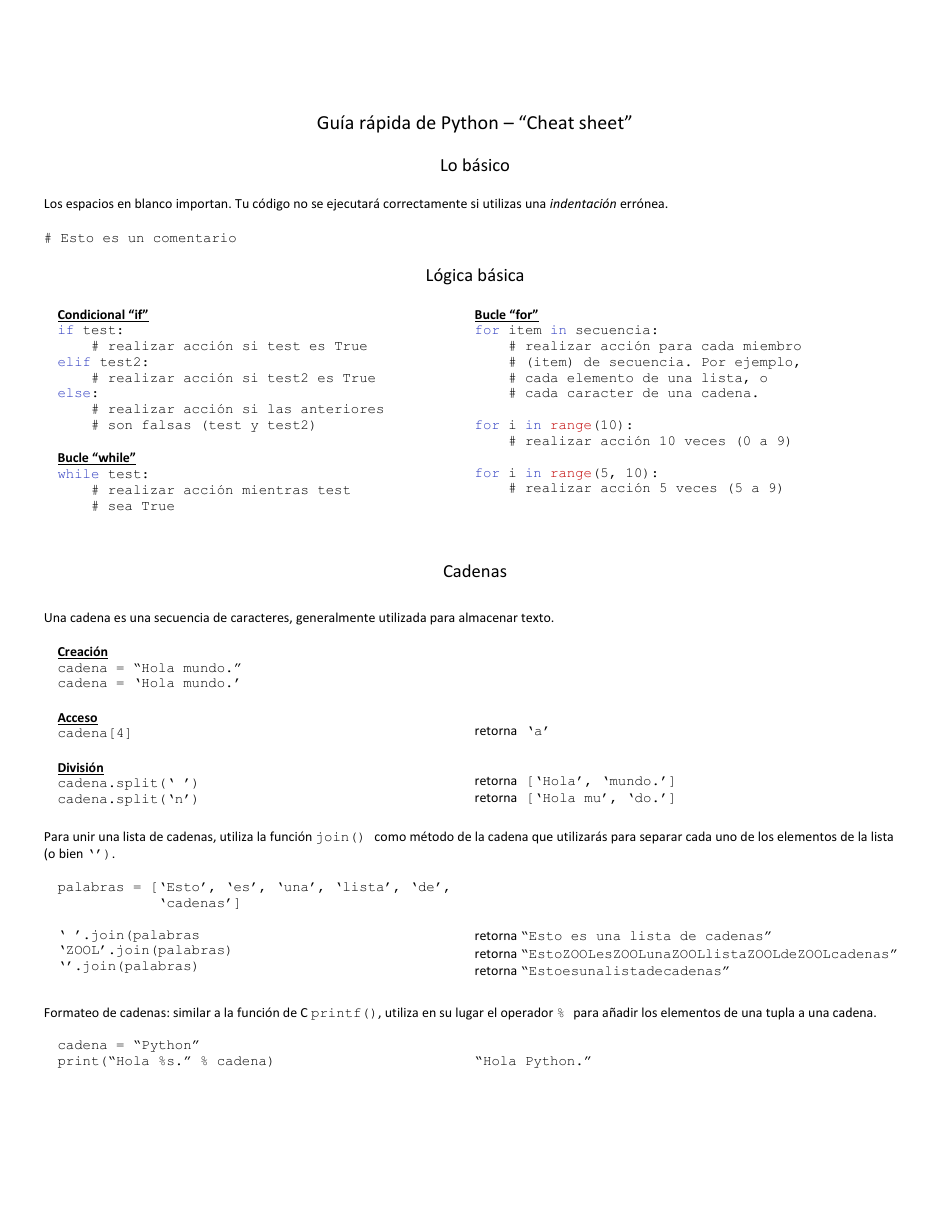 Python Cheat Sheet Download Printable PDF (Spanish) | Templateroller