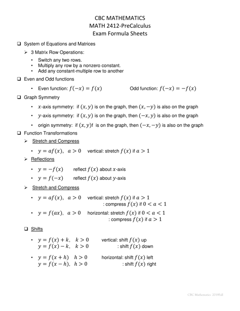 Cbc Math 2412-precalculus Exam Formula Sheet