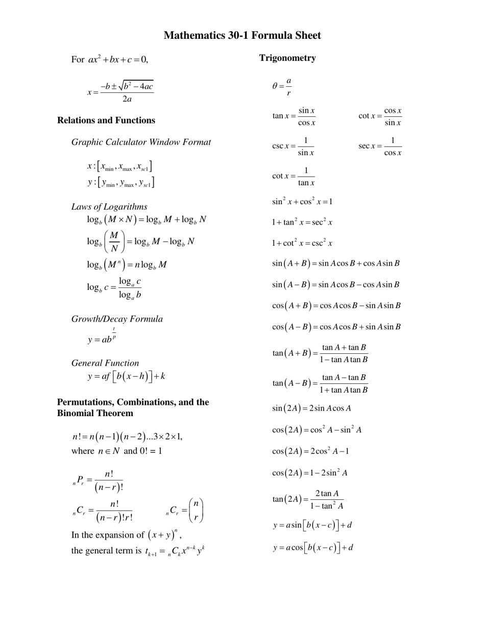 Mathematics 30-1 Formula Sheet