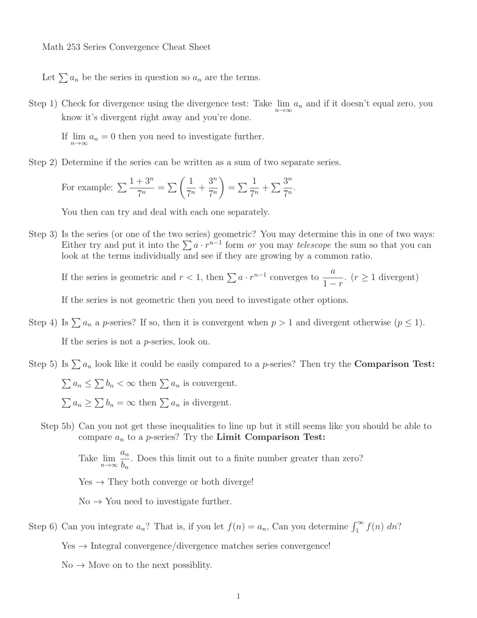 Math 253 Series Convergence Cheat Sheet - Preview Image