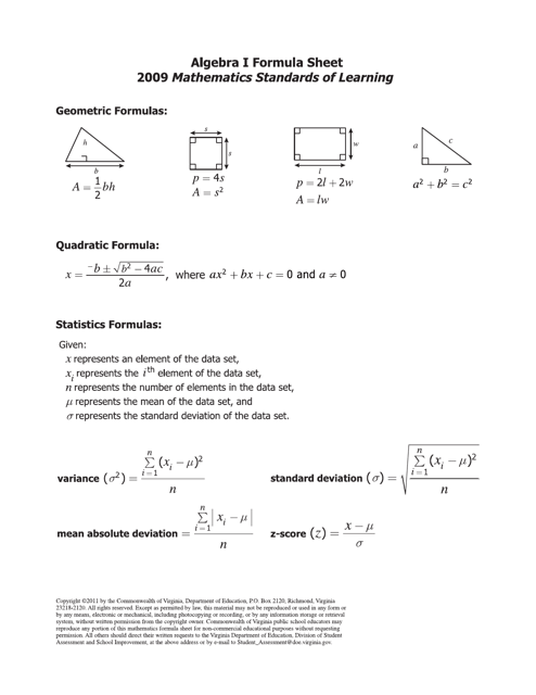 Algebra I Formula Sheet - Mathematics Standards of Learning Preview
