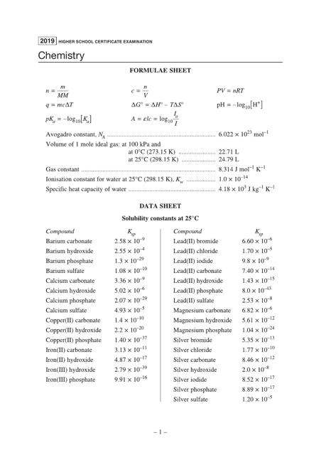 Higher School Examination Chemistry Formula Sheet