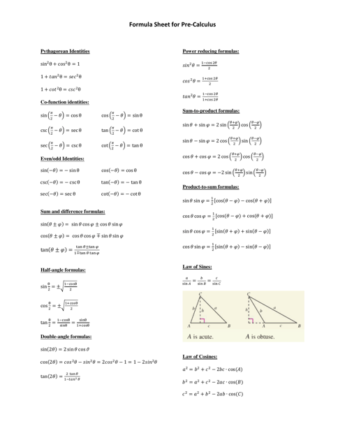 Pre-calculus Formula Sheet is a comprehensive reference tool for students studying Pre-calculus. It includes a collection of all the important formulas, equations, and concepts necessary for success in the course.