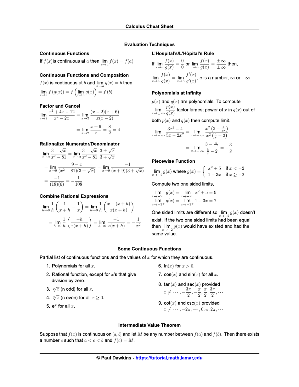 Calculus Cheat Sheet Limits Download Printable Pdf Templateroller 3997