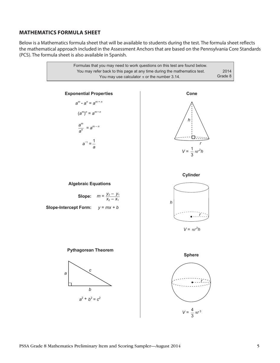 PSSA Grade 8 Mathematics Formula Sheet Preview