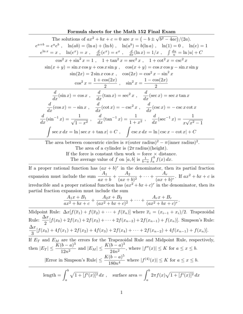 Math 152 Final Exam Formula Sheet Preview Download