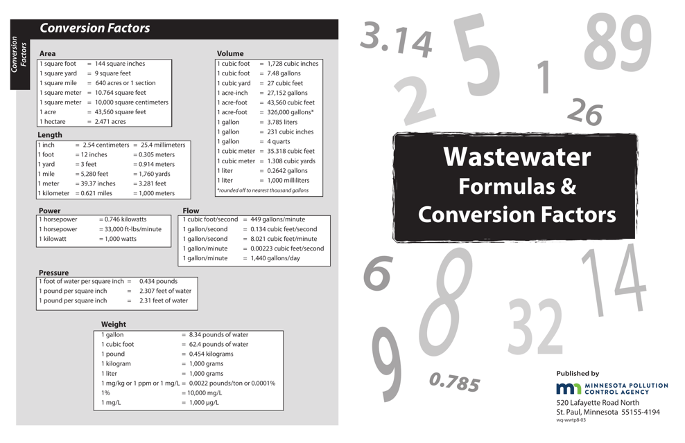 Wastewater Formulas & Conversion Factors Cheat Sheet - Minnesota