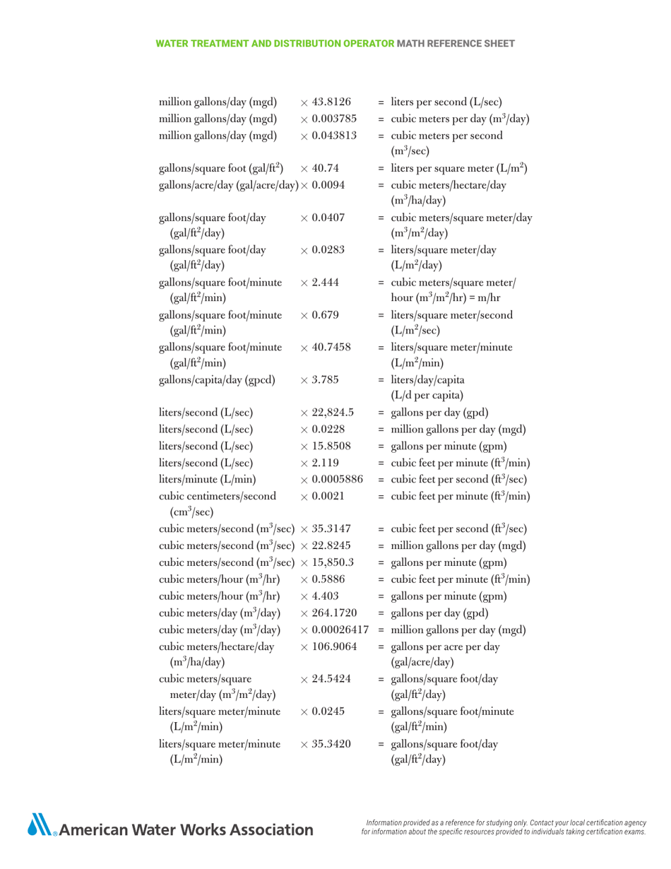 Water Treatment and Distribution Operator Math Cheat Sheet Download ...