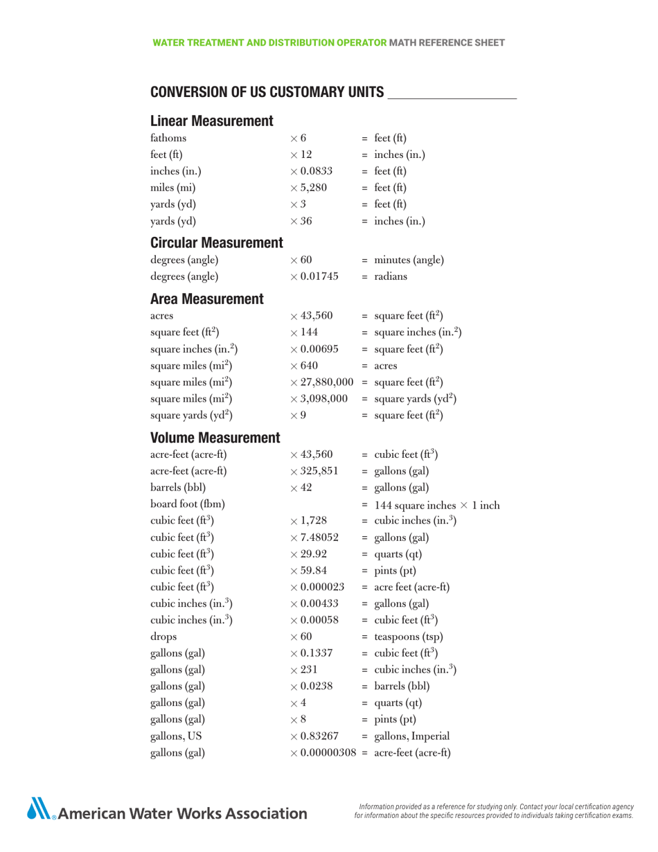 Water Treatment and Distribution Operator Math Cheat Sheet Download ...