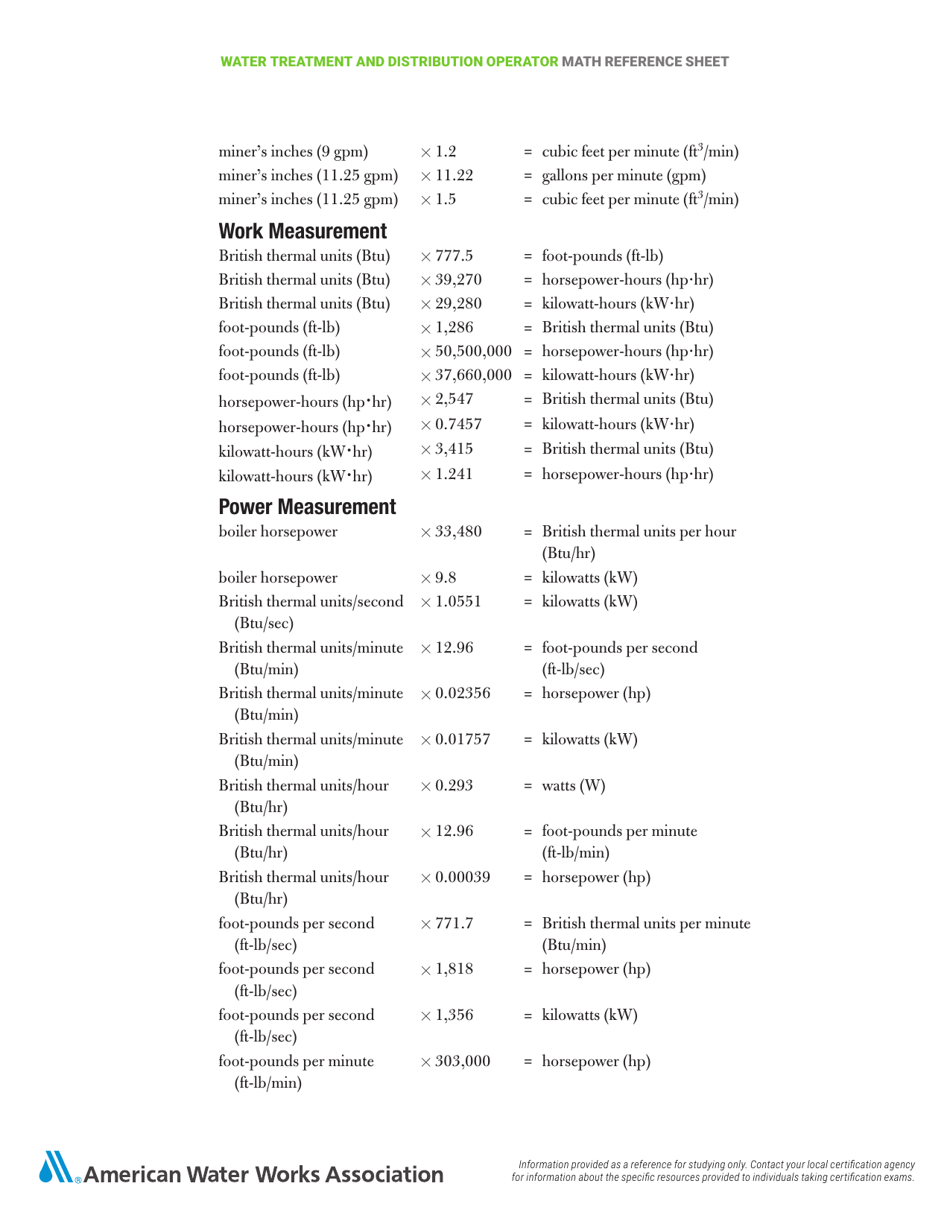 Water Treatment and Distribution Operator Math Cheat Sheet Download ...