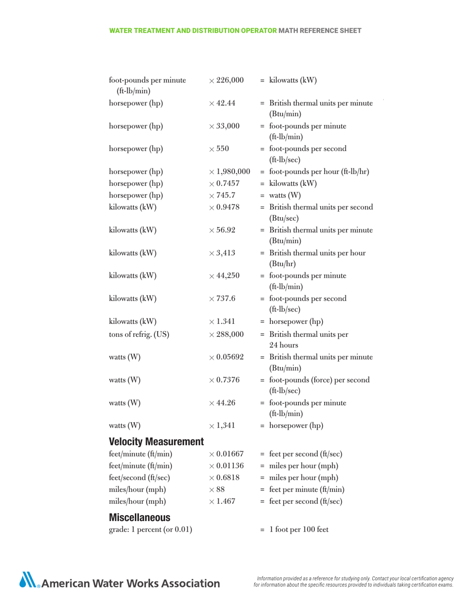 Water Treatment and Distribution Operator Math Cheat Sheet, Page 7