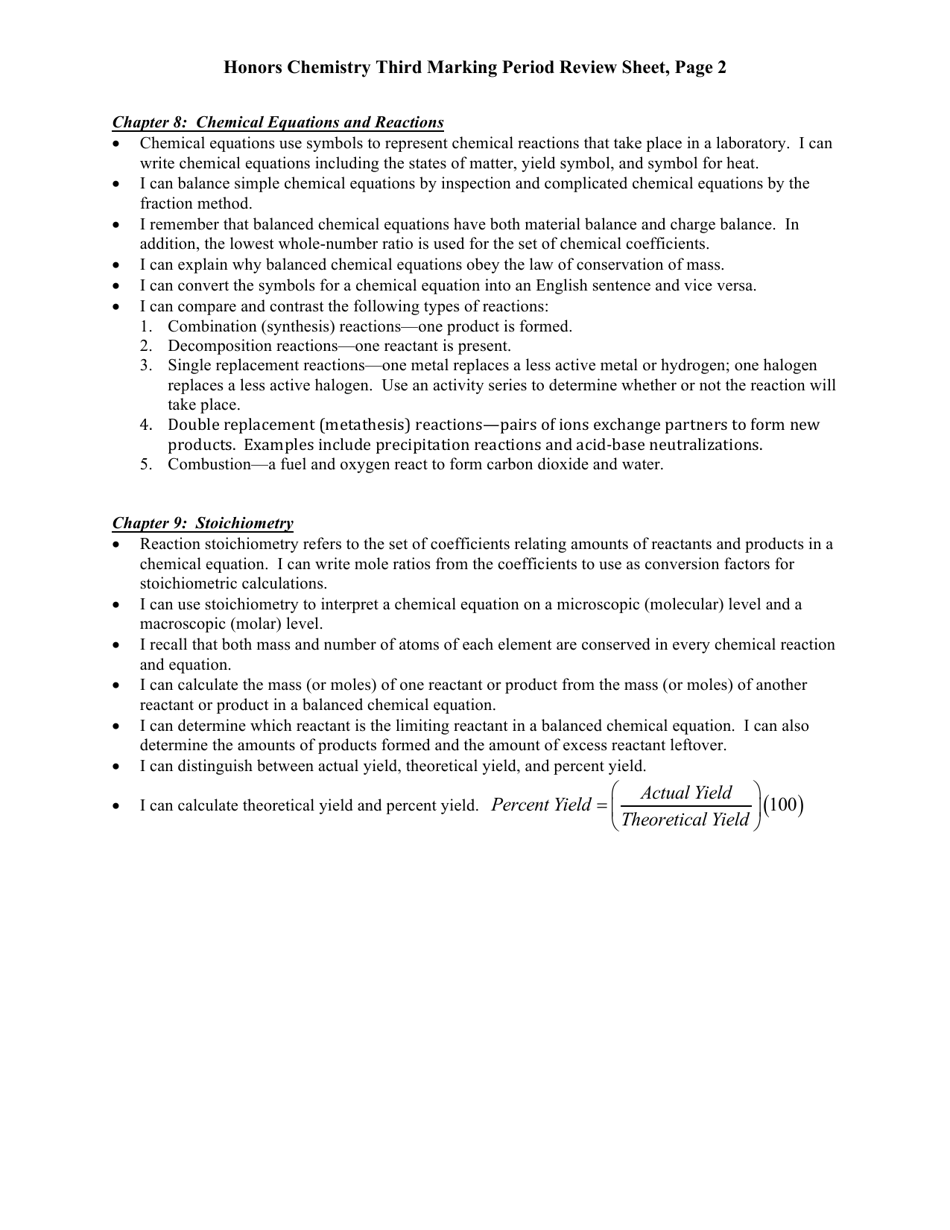 Honors Chemistry Third Marking Period Review Sheet - Mr. Wicks, Page 2