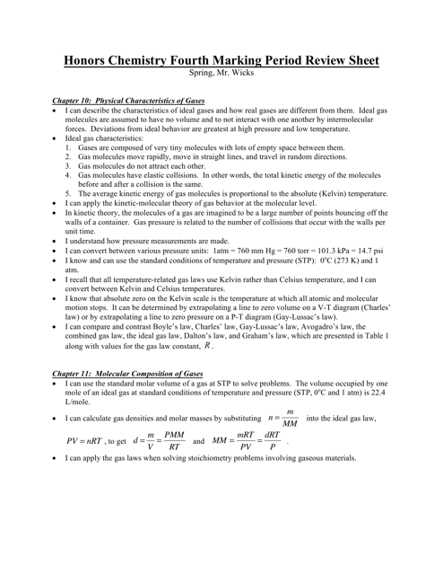 Honors Chemistry Fourth Marking Period Review Sheet - Mr. Wicks