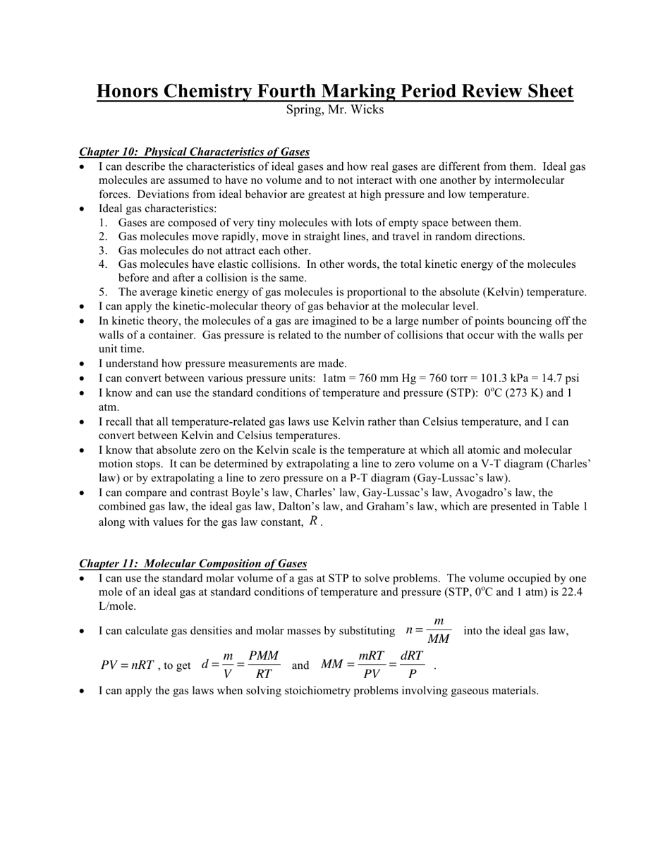 Honors Chemistry Fourth Marking Period Review Sheet - Mr. Wicks Preview Image