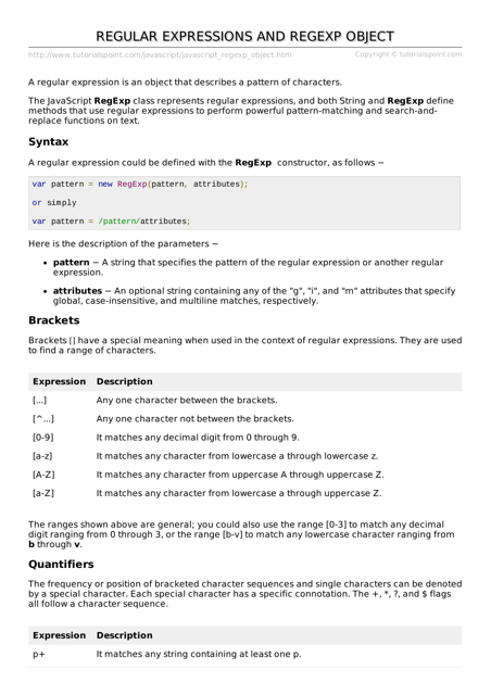 Javascript Cheat Sheet - Regular Expressions and Regexp Object