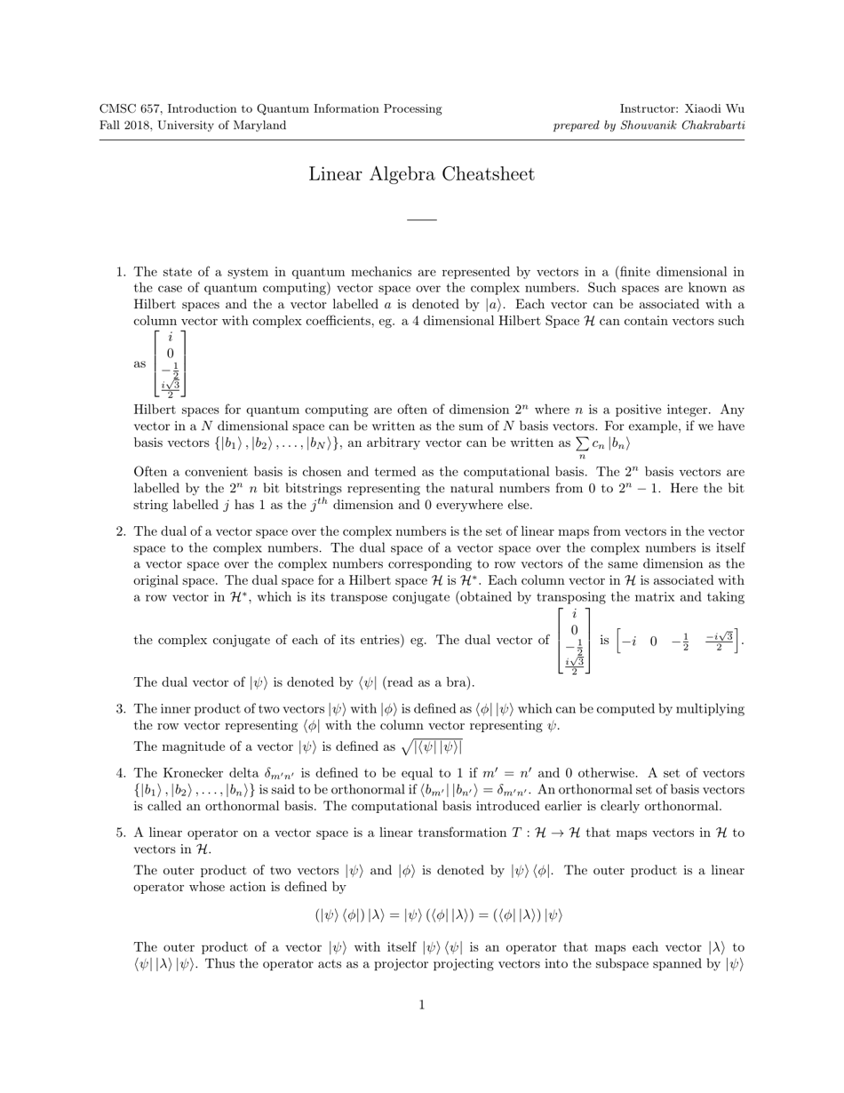 Linear Algebra Cheatsheet - University of Maryland | Templateroller.com