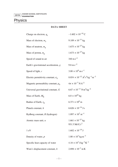 Physics Data & Formula Sheet