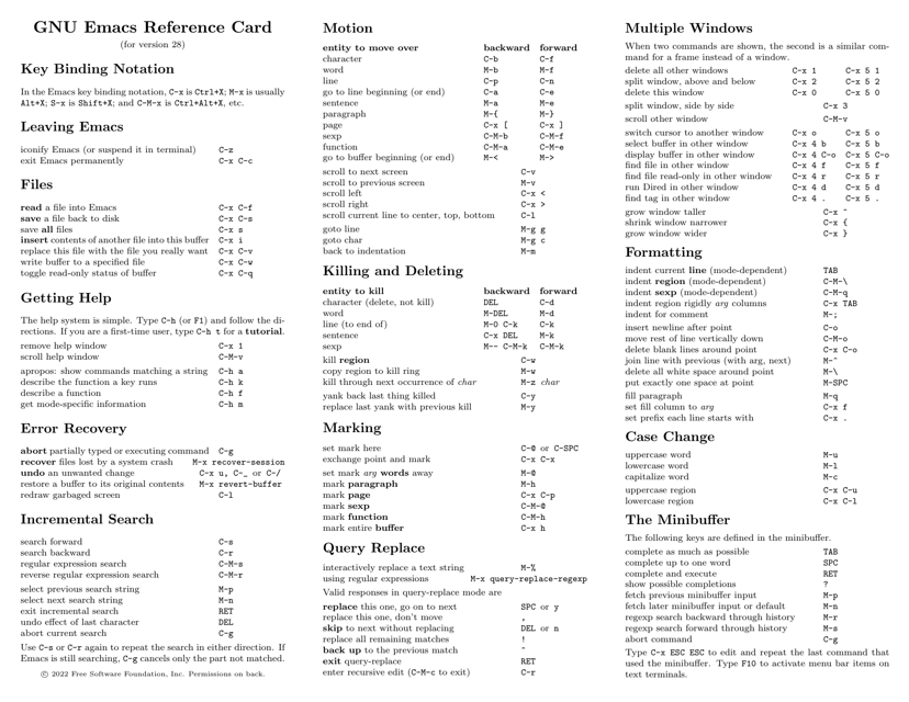 Gnu Emacs Reference Sheet - A helpful reference guide for Gnu Emacs users Browsable version