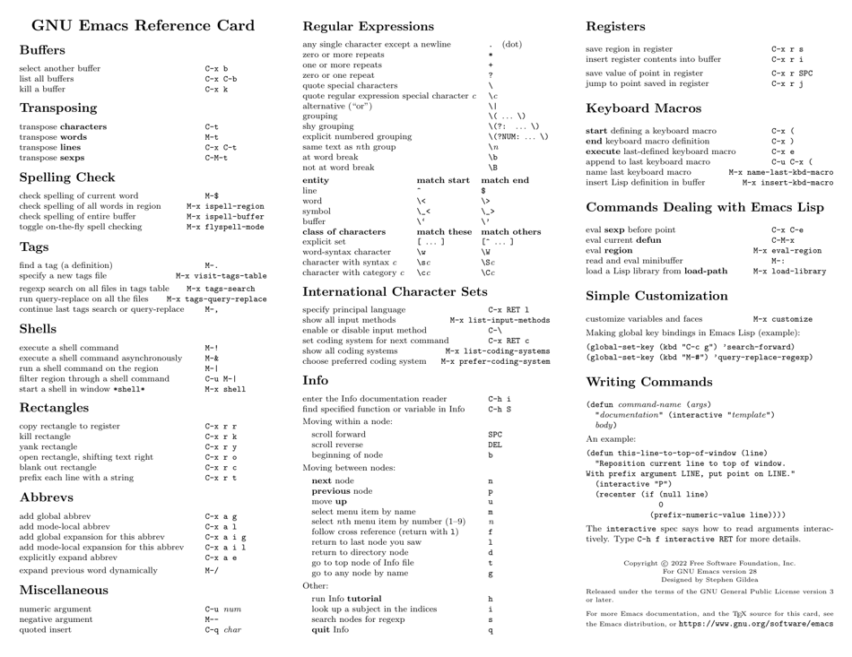 Gnu Emacs Reference Sheet Download Printable PDF | Templateroller