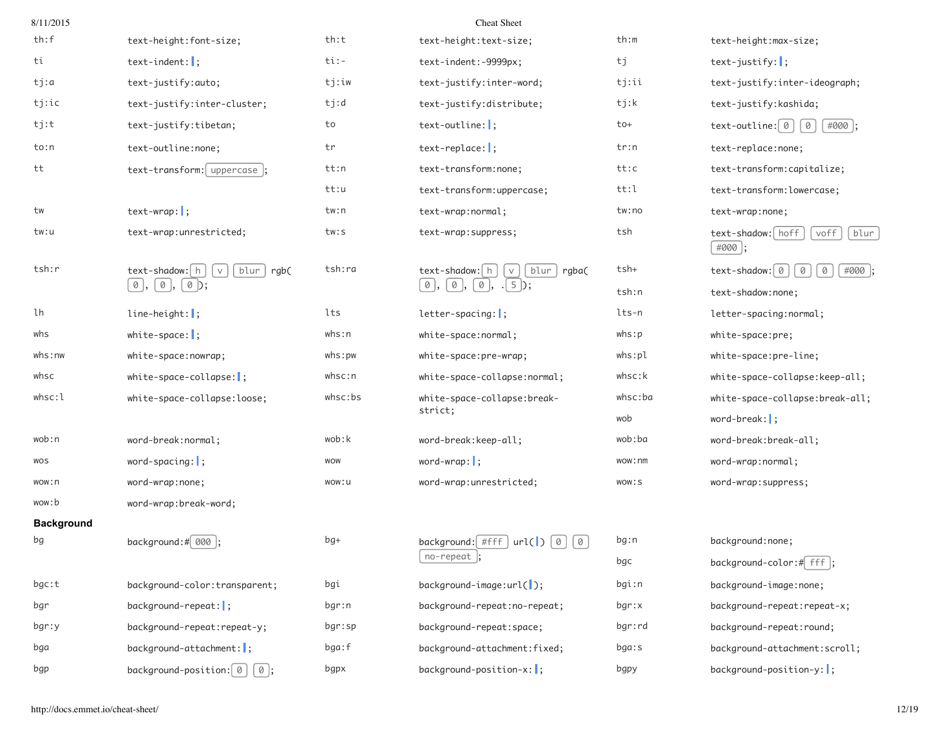 Emmet Syntax Cheat Sheet - White, Page 12
