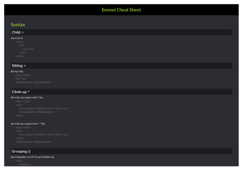 Document preview: Emmet Syntax Cheat Sheet - Black